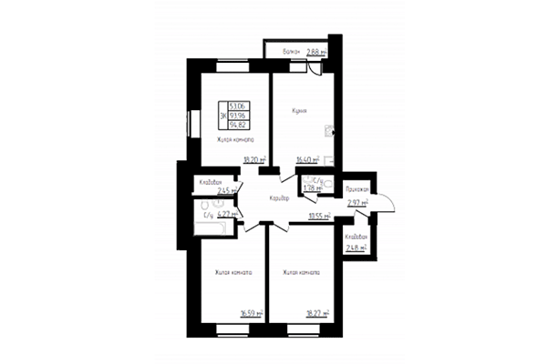 3-комнатная квартира 94,82 м² в ЖК Енисей. Планировка