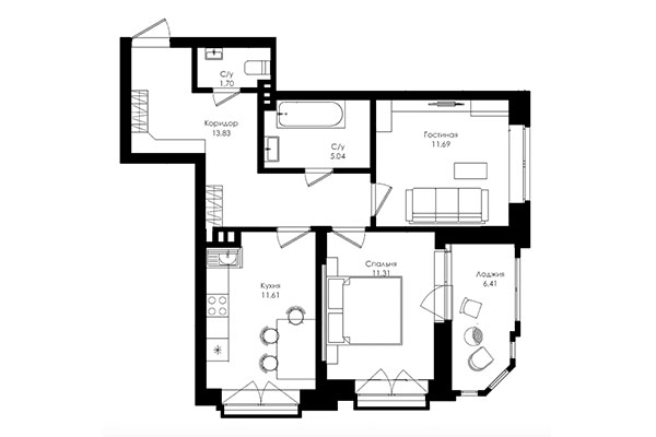 2-комнатная квартира 54,59 м² в ЖК Ломоносов. Планировка