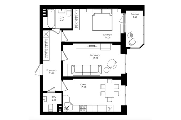 2-комнатная квартира 60,15 м² в ЖК Ломоносов. Планировка