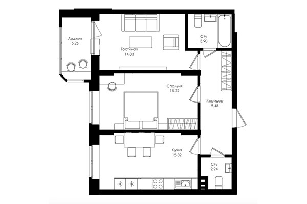 2-комнатная квартира 60,93 м² в ЖК Ломоносов. Планировка