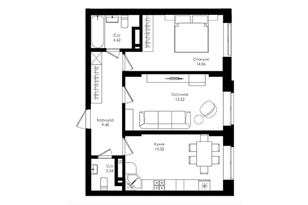 2-комнатная квартира 61,24 м² в ЖК Ломоносов. Планировка