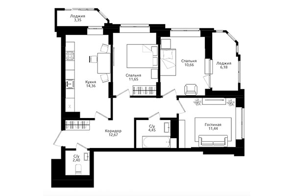 3-комнатная квартира 67,23 м² в ЖК Ломоносов. Планировка