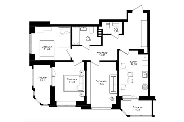 3-комнатная квартира 70,79 м² в ЖК Ломоносов. Планировка