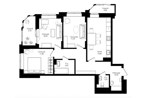 3-комнатная квартира 72,77 м² в ЖК Ломоносов. Планировка