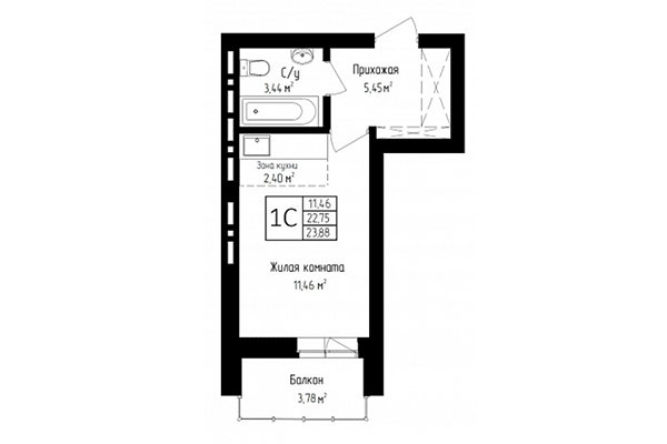 Студия 22,75 м² в ЖК Высота. Планировка