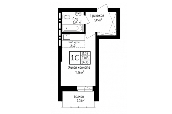 Студия 23,05 м² в ЖК Высота. Планировка