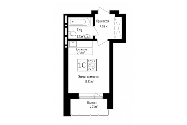 Студия 23,63 м² в ЖК Высота. Планировка