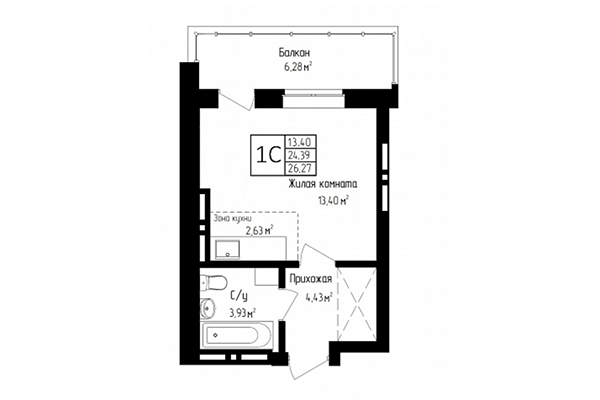 Студия 24,39 м² в ЖК Высота. Планировка