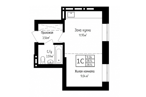 Студия 28,14 м² в ЖК Высота. Планировка