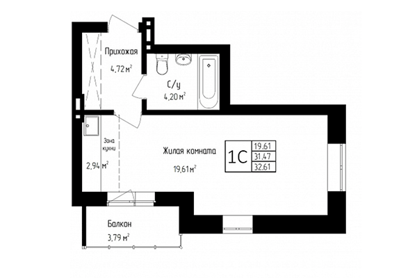 Студия 31,47 м² в ЖК Высота. Планировка