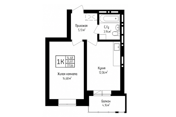 1-комнатная квартира 35,81 м² в ЖК Высота. Планировка