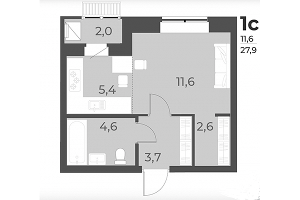 Студия 27,09 м² в ЖК Дежнёв. Планировка