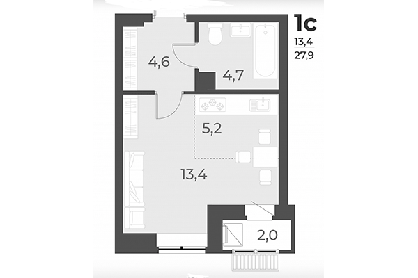 Студия 27,90 м² в ЖК Дежнёв. Планировка