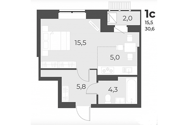 Студия 30,60 м² в ЖК Дежнёв. Планировка