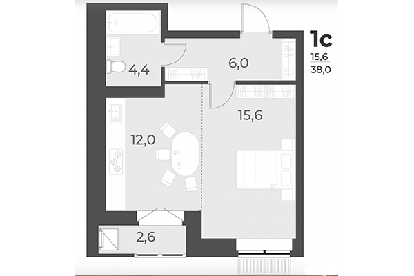 Студия 38,00 м² в ЖК Дежнёв. Планировка