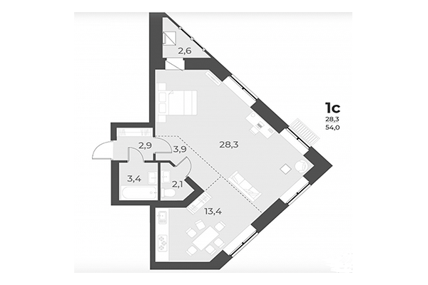 Студия 54,00 м² в ЖК Дежнёв. Планировка