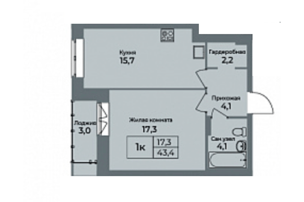 1-комнатная квартира 43,40 м² в ЖК Я Маяковский. Планировка