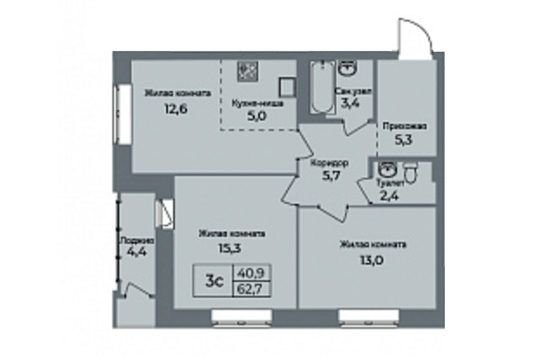 3-комнатная квартира 62,70 м² в ЖК Я Маяковский. Планировка