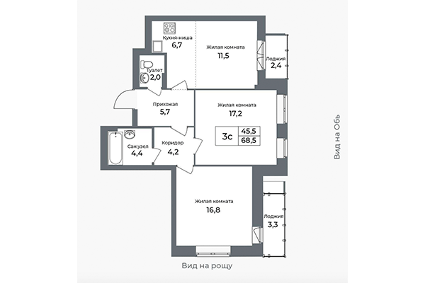 3-комнатная квартира 68,50 м² в ЖК Я Маяковский. Планировка