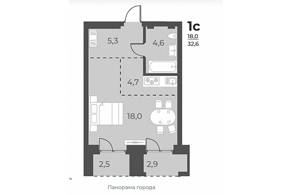 Студия 32,60 м² в ЖК Нормандия-Неман. Планировка