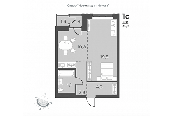 Студия 42,90 м² в ЖК Нормандия-Неман. Планировка