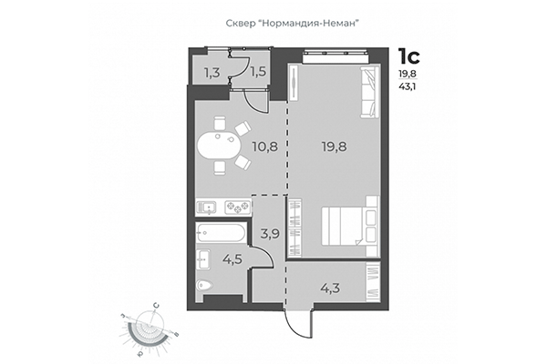 Студия 43,10 м² в ЖК Нормандия-Неман. Планировка