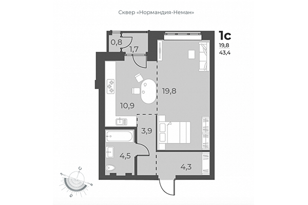 Студия 43,40 м² в ЖК Нормандия-Неман. Планировка