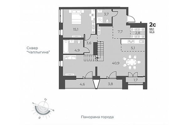 2-комнатная квартира 95,90 м² в ЖК Нормандия-Неман. Планировка