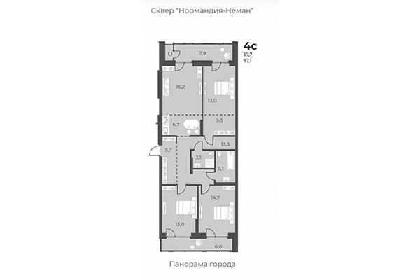 4-комнатная квартира 97,10 м² в ЖК Нормандия-Неман. Планировка