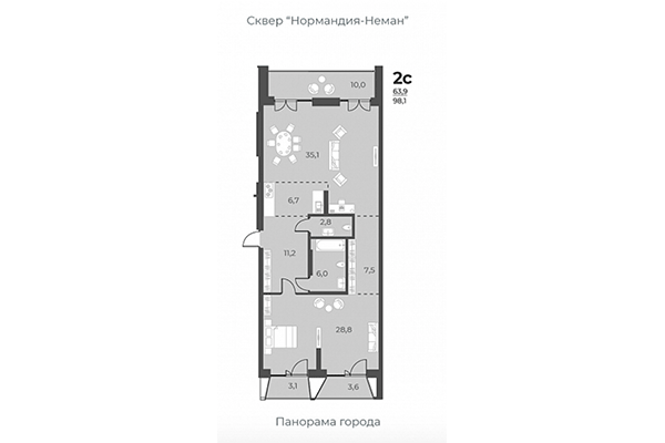 2-комнатная квартира 98,10 м² в ЖК Нормандия-Неман. Планировка