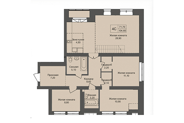 4-комнатная квартира 104,60 м² в ЖК Онега. Планировка