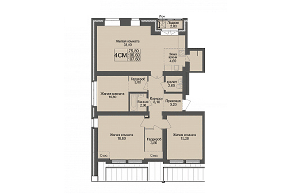 4-комнатная квартира 106,60 м² в ЖК Онега. Планировка