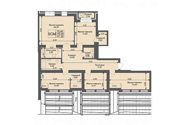 5-комнатная квартира 110,30 м² в ЖК Онега. Планировка