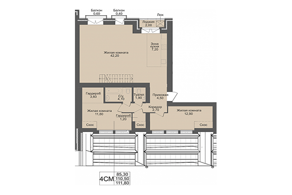 4-комнатная квартира 110,50 м² в ЖК Онега. Планировка