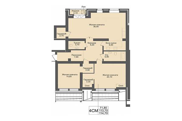 4-комнатная квартира 113,70 м² в ЖК Онега. Планировка