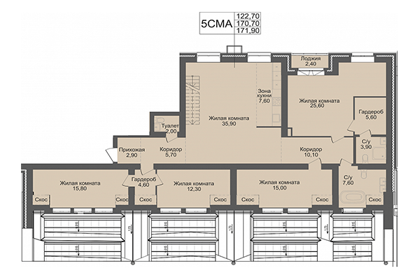 5-комнатная квартира 170,70 м² в ЖК Онега. Планировка