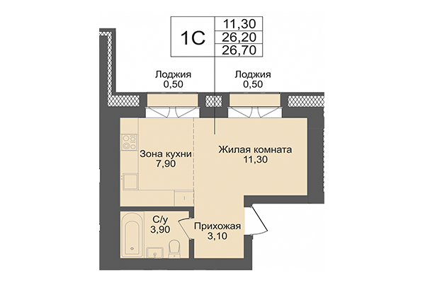 Студия 26,20 м² в ЖК Онега. Планировка