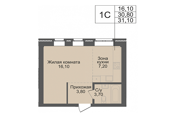 Студия 30,80 м² в ЖК Онега. Планировка