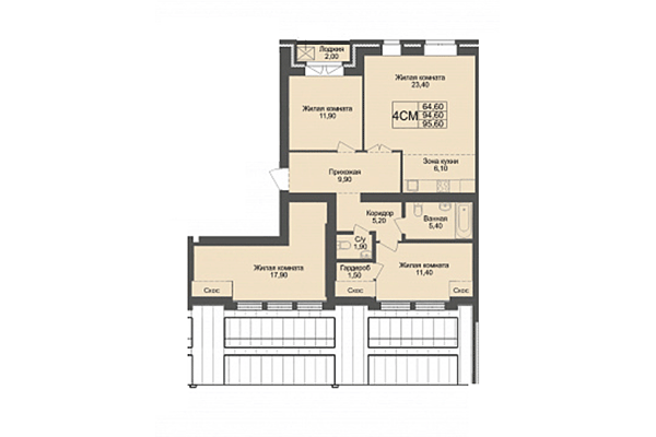 4-комнатная квартира 94,60 м² в ЖК Онега. Планировка