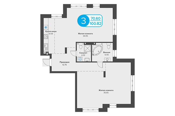 3-комнатная квартира 100,82 м² в ЖК Огни Сибири. Планировка