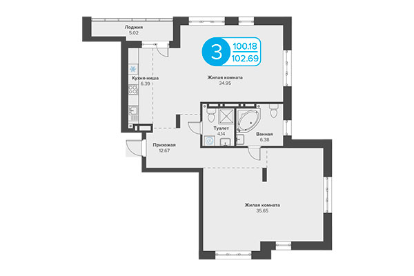 3-комнатная квартира 102,69 м² в ЖК Огни Сибири. Планировка