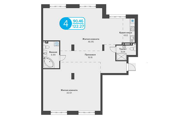 4-комнатная квартира 122,27 м² в ЖК Огни Сибири. Планировка