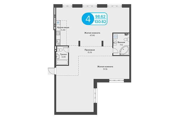 4-комнатная квартира 130,82 м² в ЖК Огни Сибири. Планировка