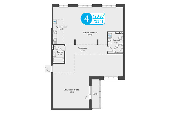 4-комнатная квартира 133,11 м² в ЖК Огни Сибири. Планировка