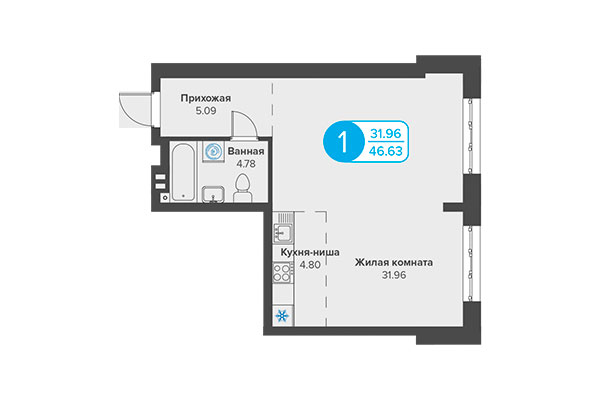 1-комнатная квартира 46,63 м² в ЖК Огни Сибири. Планировка