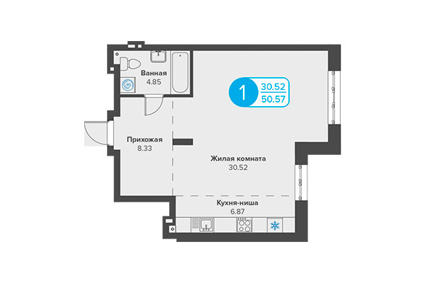 1-комнатная квартира 50,57 м² в ЖК Огни Сибири. Планировка