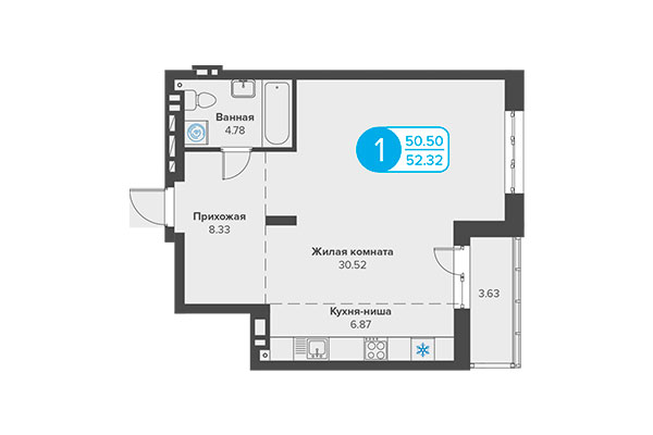 1-комнатная квартира 52,32 м² в ЖК Огни Сибири. Планировка