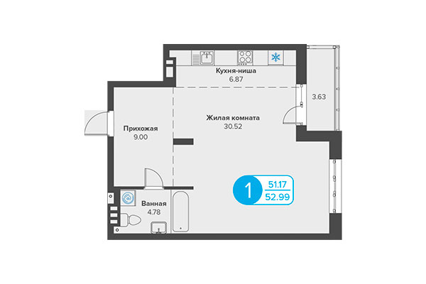 1-комнатная квартира 52,99 м² в ЖК Огни Сибири. Планировка