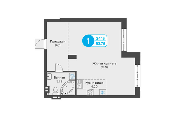 1-комнатная квартира 53,76 м² в ЖК Огни Сибири. Планировка