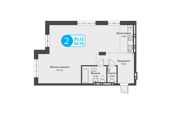 2-комнатная квартира 68,58 м² в ЖК Огни Сибири. Планировка